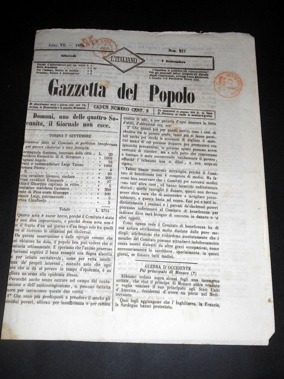 Risorgimento Cavour Torino - Giornale Gazzetta del Popolo n° 215 … | Immagine principale