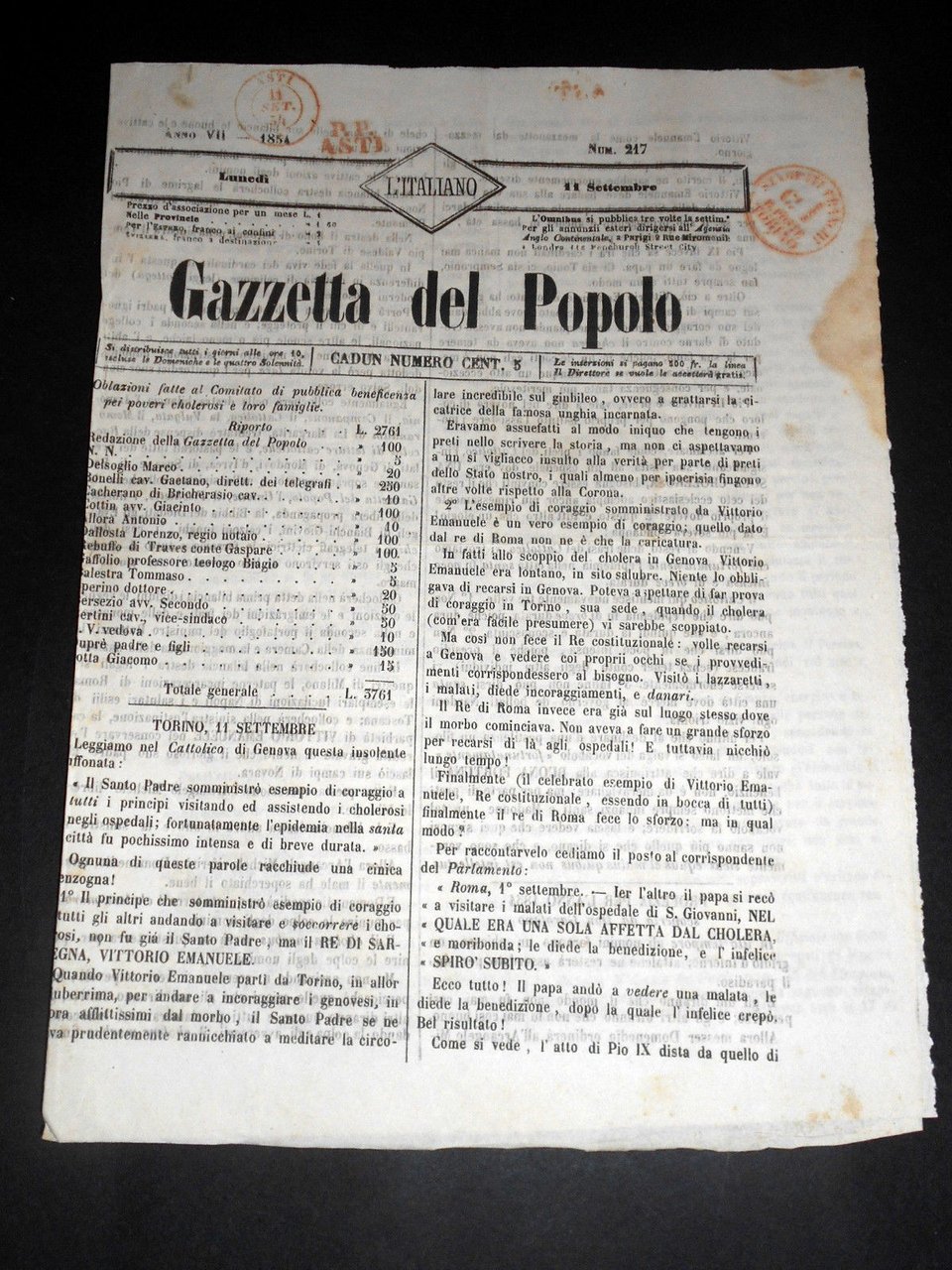 Risorgimento Cavour Torino - Giornale Gazzetta del Popolo n° 217 … | Immagine principale