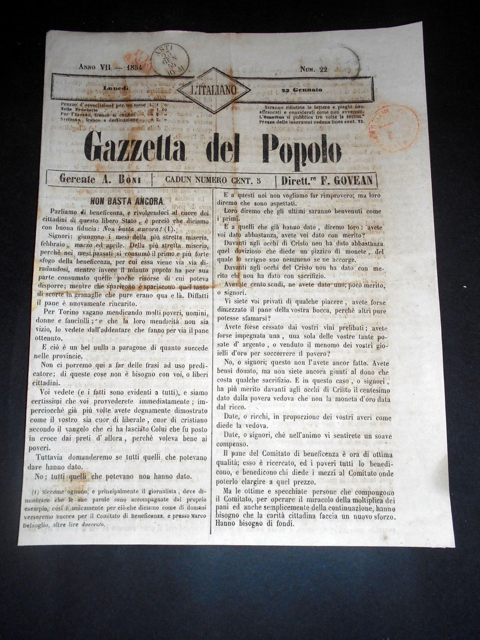 Risorgimento Cavour Torino - Giornale Gazzetta del Popolo n° 22 … | Immagine principale