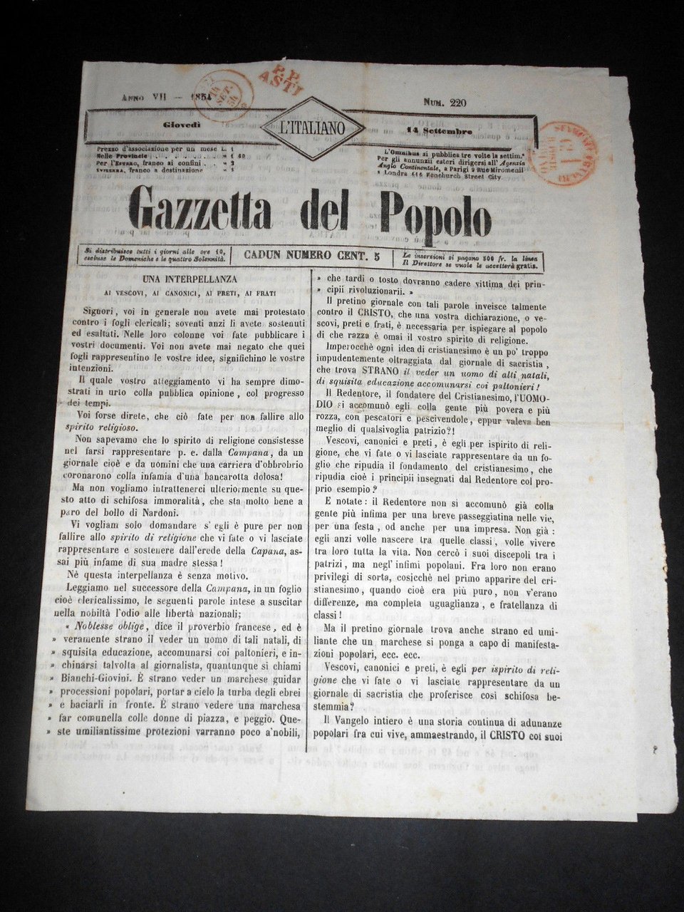 Risorgimento Cavour Torino - Giornale Gazzetta del Popolo n° 220 … | Immagine principale