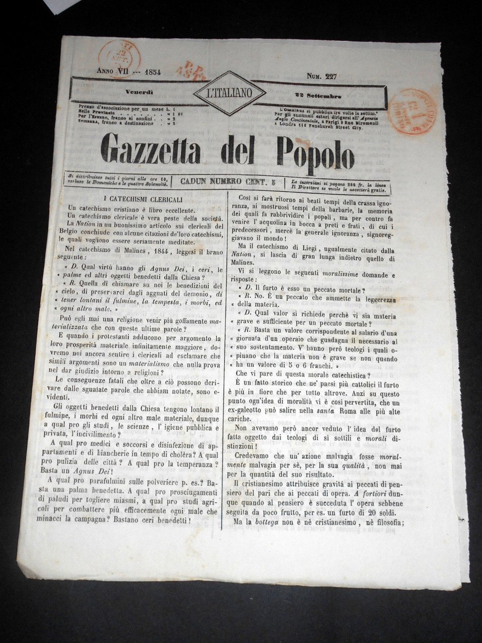 Risorgimento Cavour Torino - Giornale Gazzetta del Popolo n° 227 … | Immagine principale