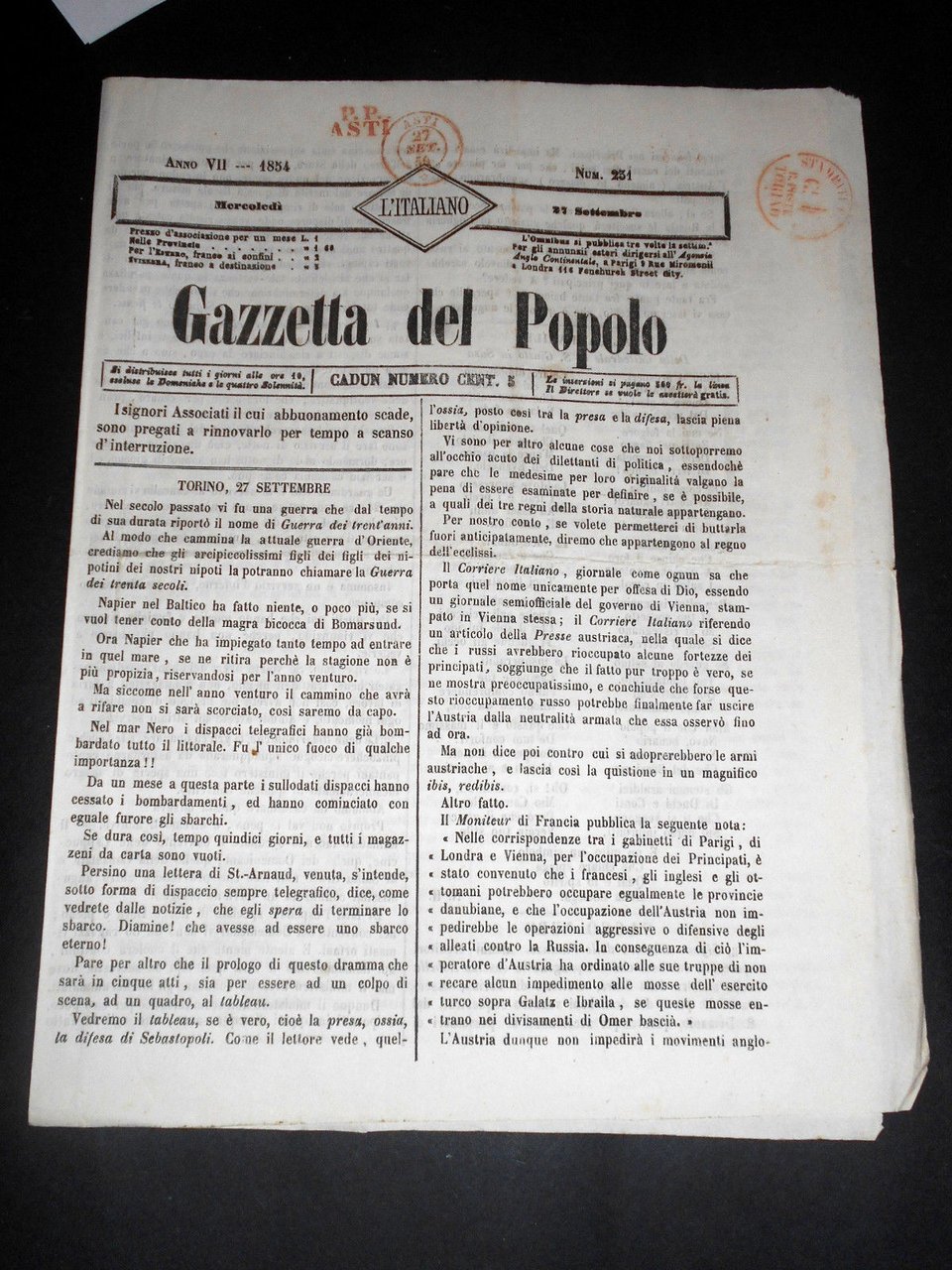 Risorgimento Cavour Torino - Giornale Gazzetta del Popolo n° 231 … | Immagine principale