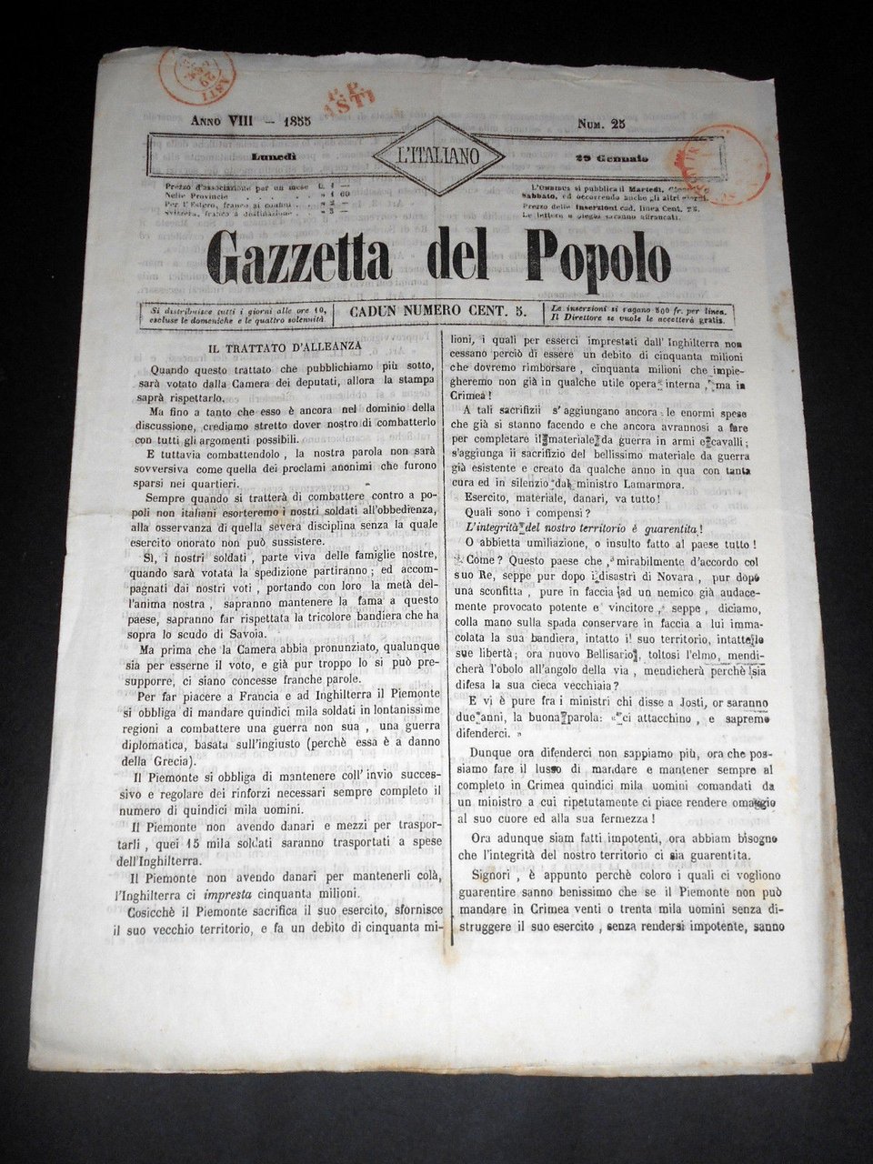 Risorgimento Cavour Torino - Giornale Gazzetta del Popolo n° 25 … | Immagine principale
