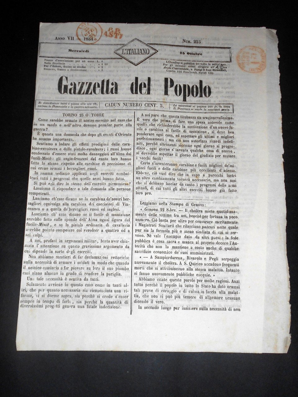 Risorgimento Cavour Torino - Giornale Gazzetta del Popolo n° 255 … | Immagine principale