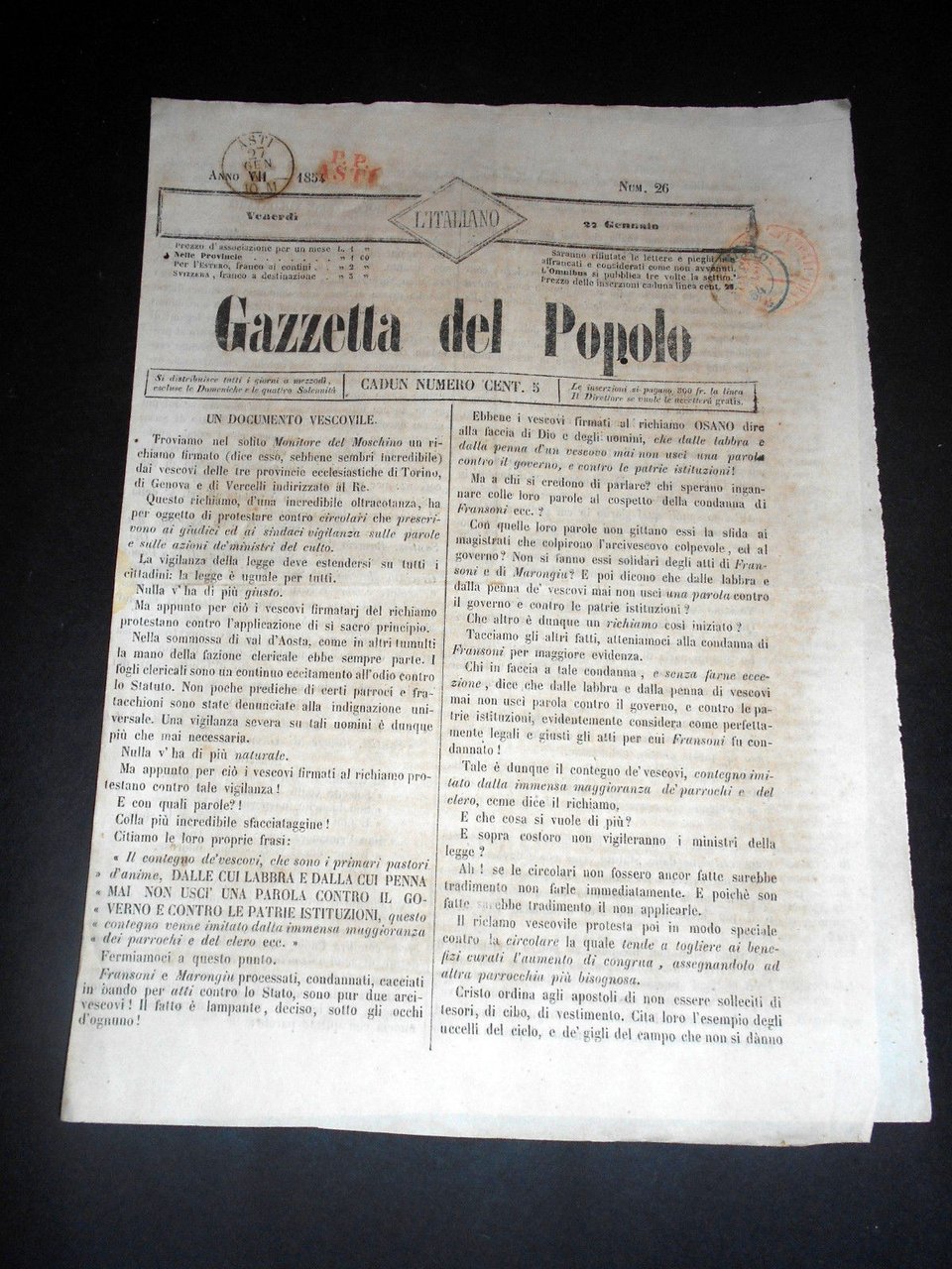 Risorgimento Cavour Torino - Giornale Gazzetta del Popolo n° 26 … | Immagine principale