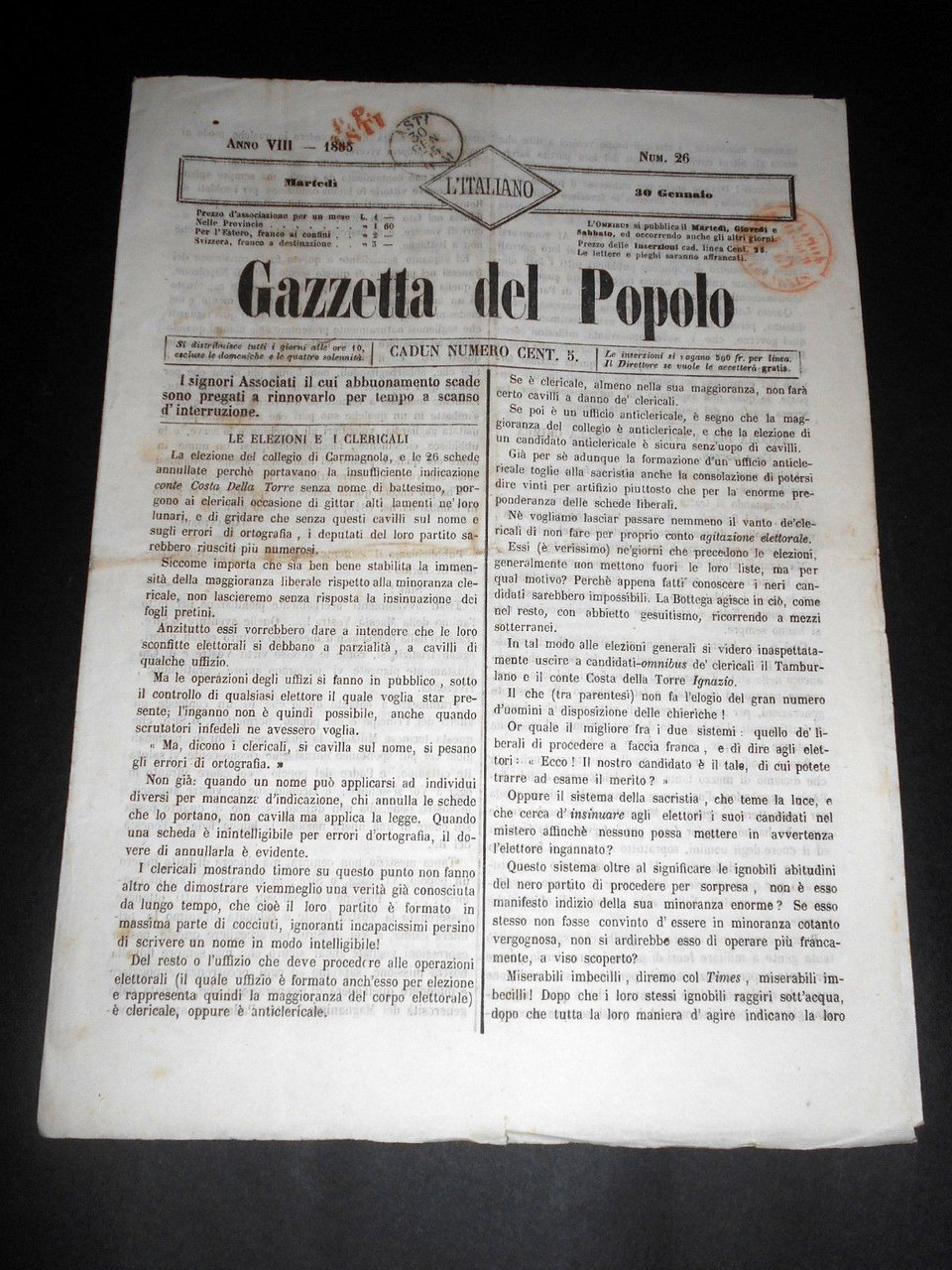 Risorgimento Cavour Torino - Giornale Gazzetta del Popolo n° 26 … | Immagine principale