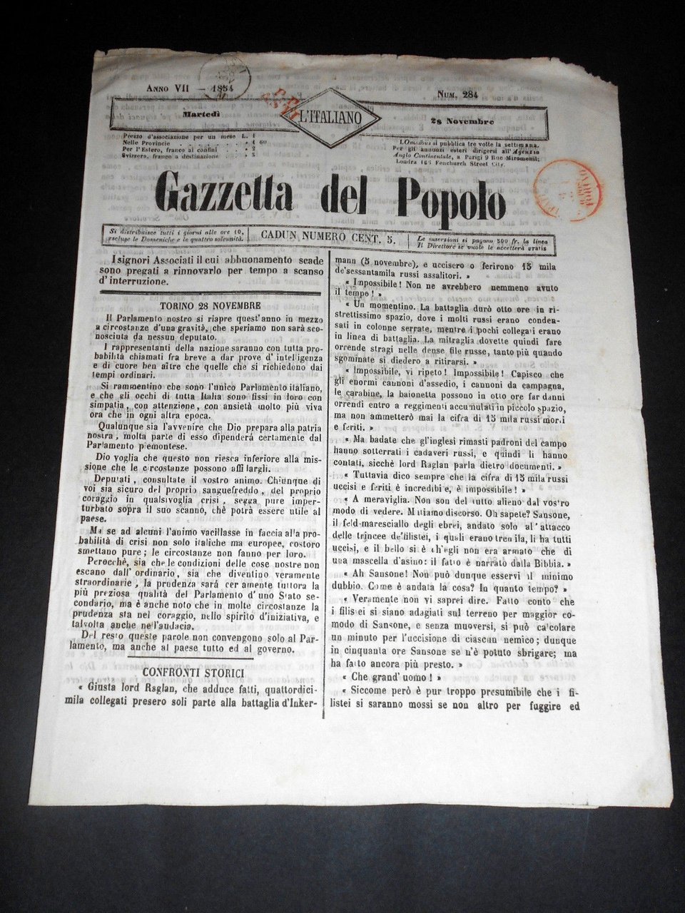 Risorgimento Cavour Torino - Giornale Gazzetta del Popolo n° 284 … | Immagine principale