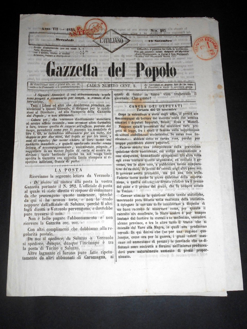 Risorgimento Cavour Torino - Giornale Gazzetta del Popolo n° 285 … | Immagine principale