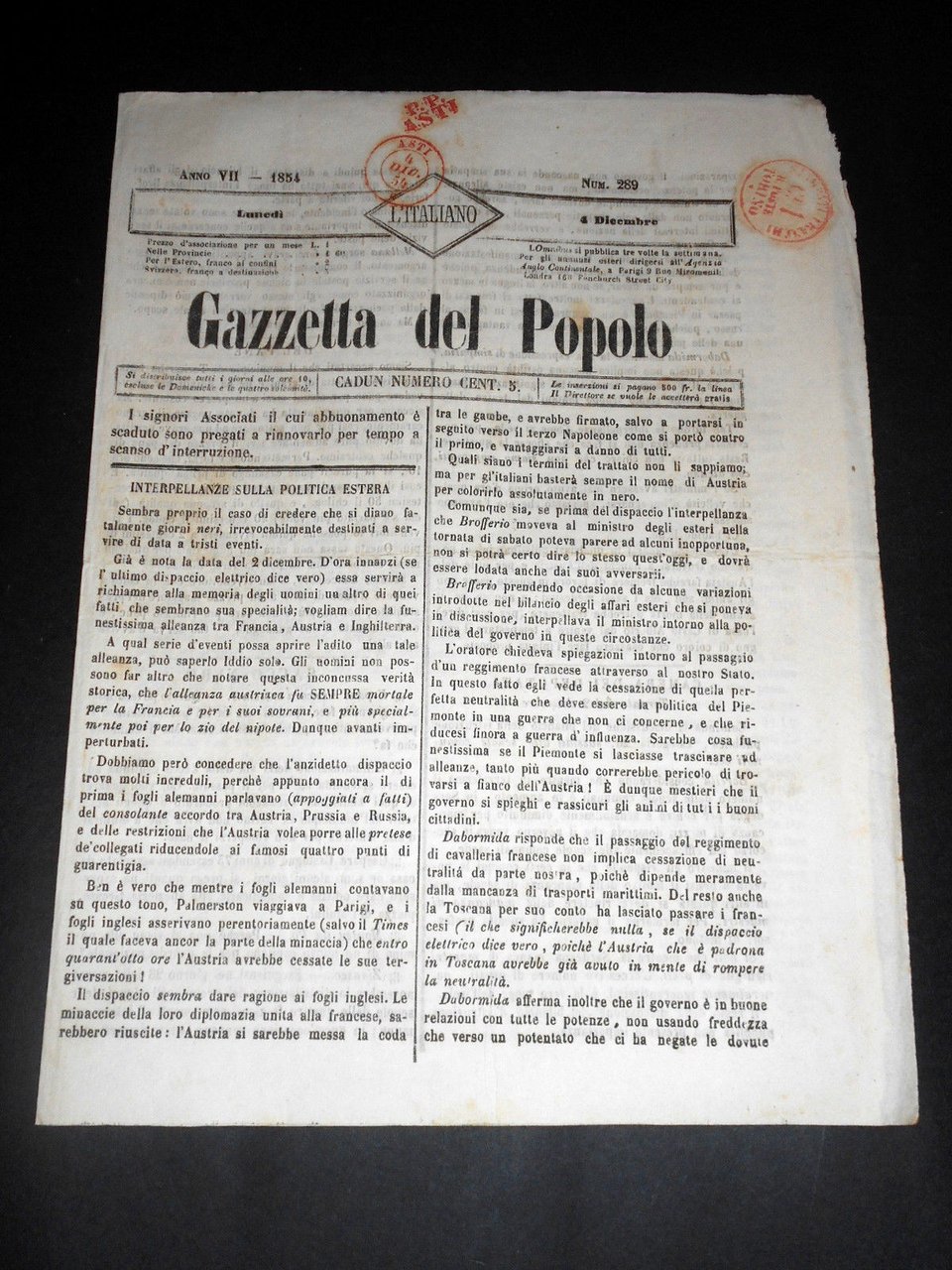Risorgimento Cavour Torino - Giornale Gazzetta del Popolo n° 289 … | Immagine principale