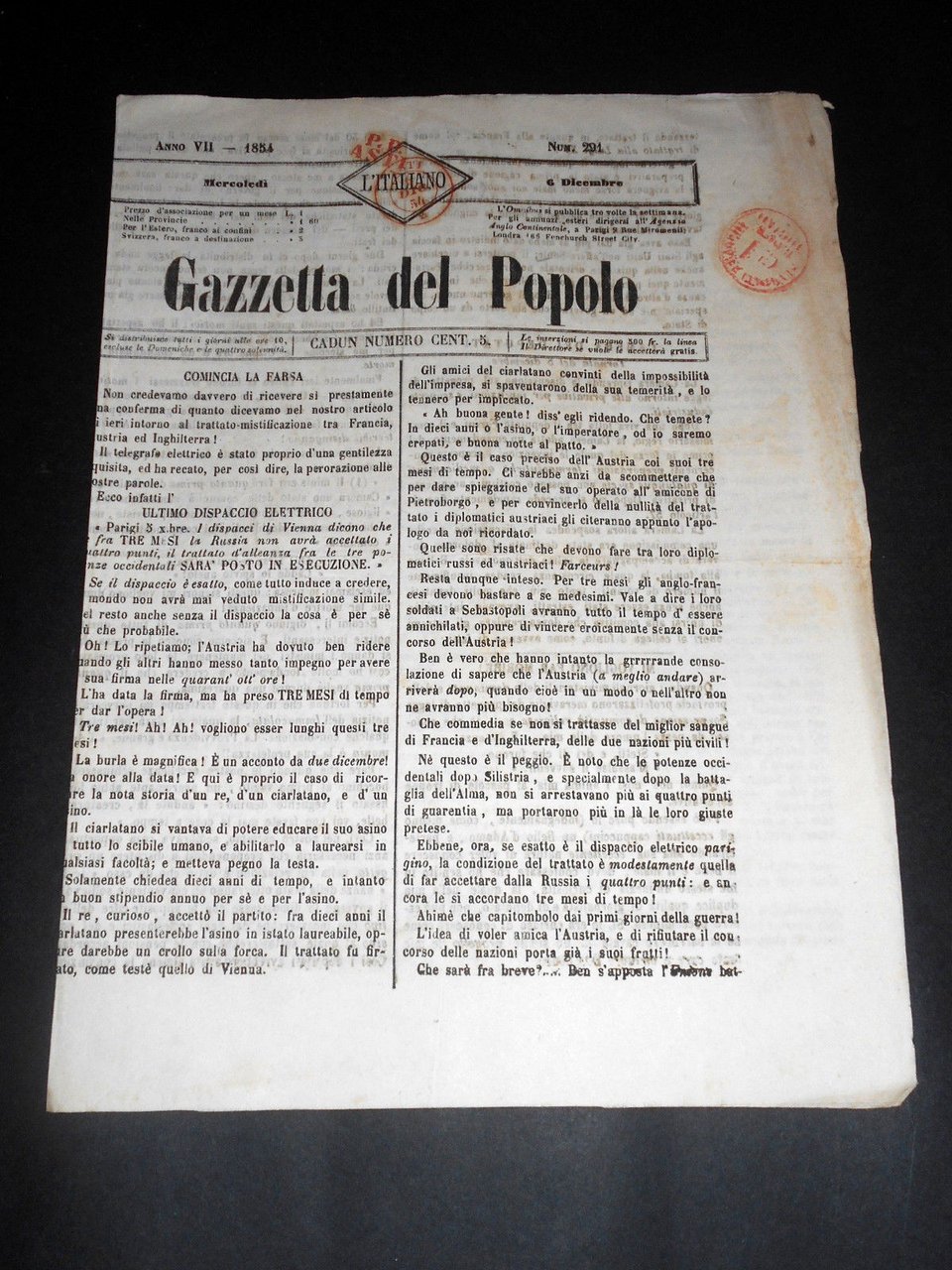 Risorgimento Cavour Torino - Giornale Gazzetta del Popolo n° 291 … | Immagine principale