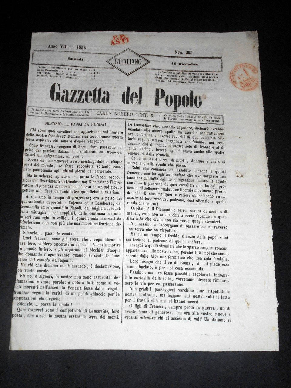 Risorgimento Cavour Torino - Giornale Gazzetta del Popolo n° 295 … | Immagine principale