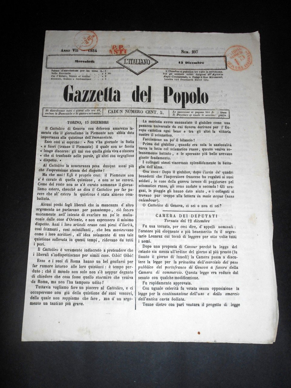 Risorgimento Cavour Torino - Giornale Gazzetta del Popolo n° 297 … | Immagine principale