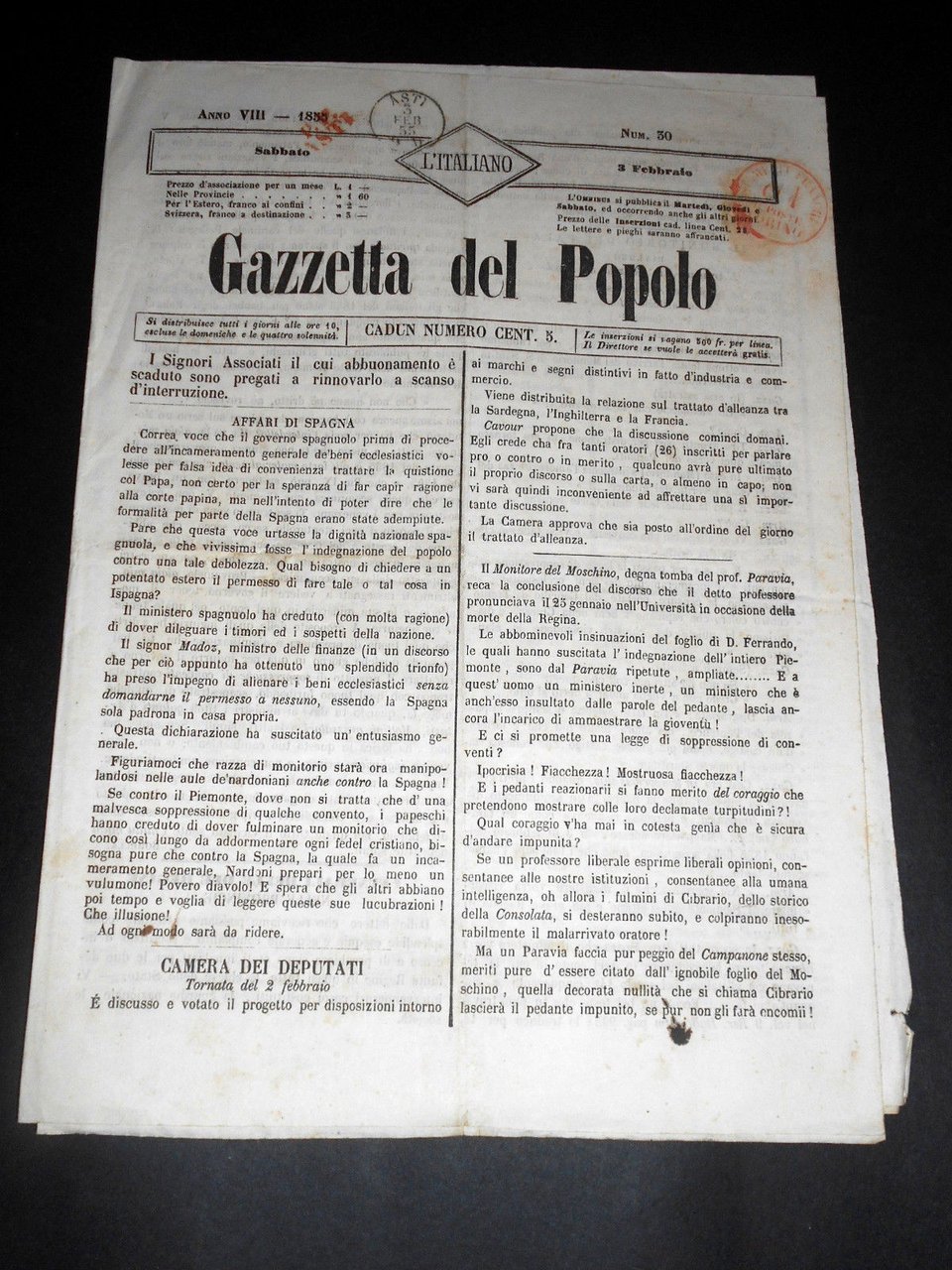 Risorgimento Cavour Torino - Giornale Gazzetta del Popolo n° 30 … | Immagine principale
