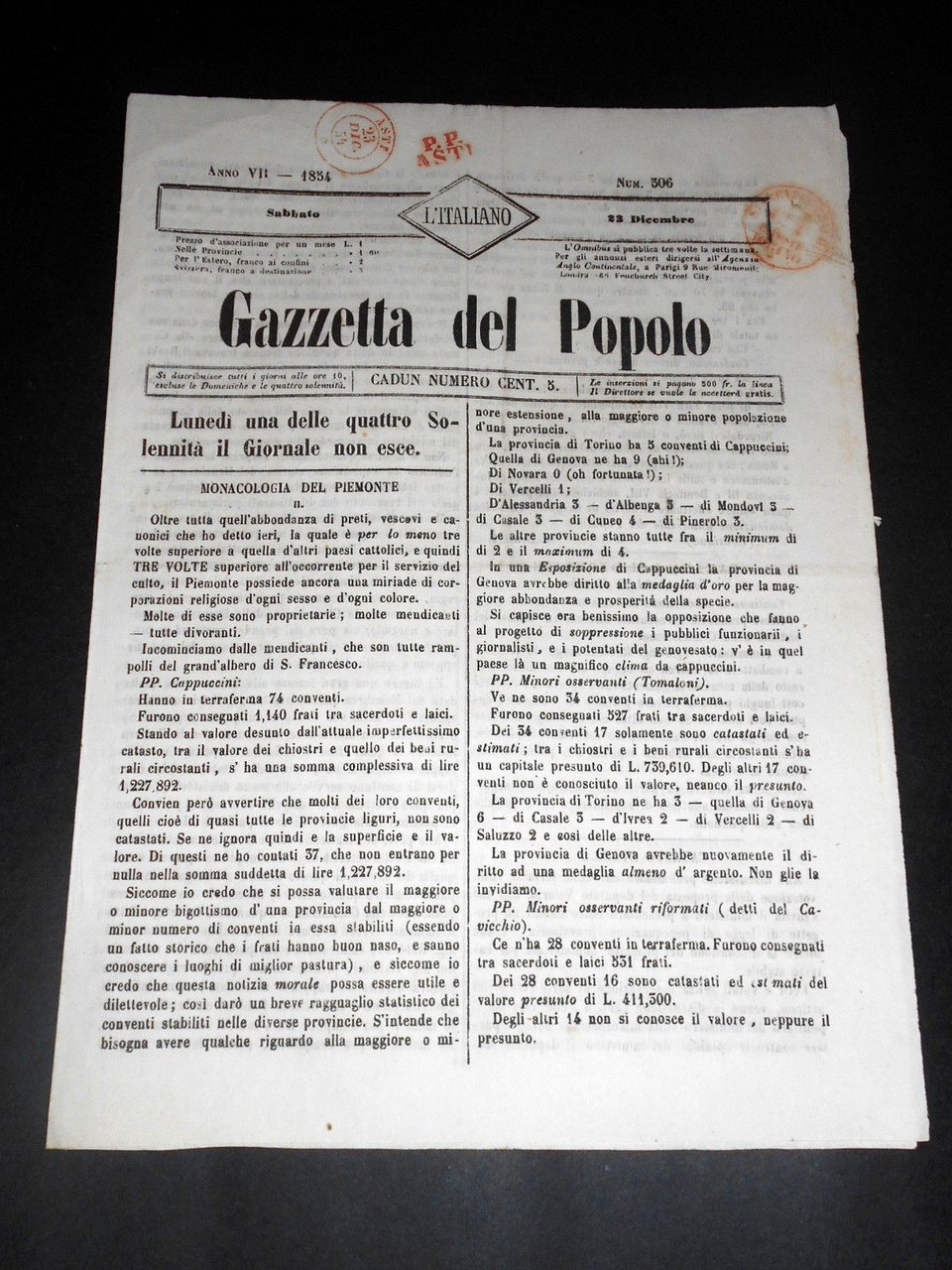 Risorgimento Cavour Torino - Giornale Gazzetta del Popolo n° 306 … | Immagine principale