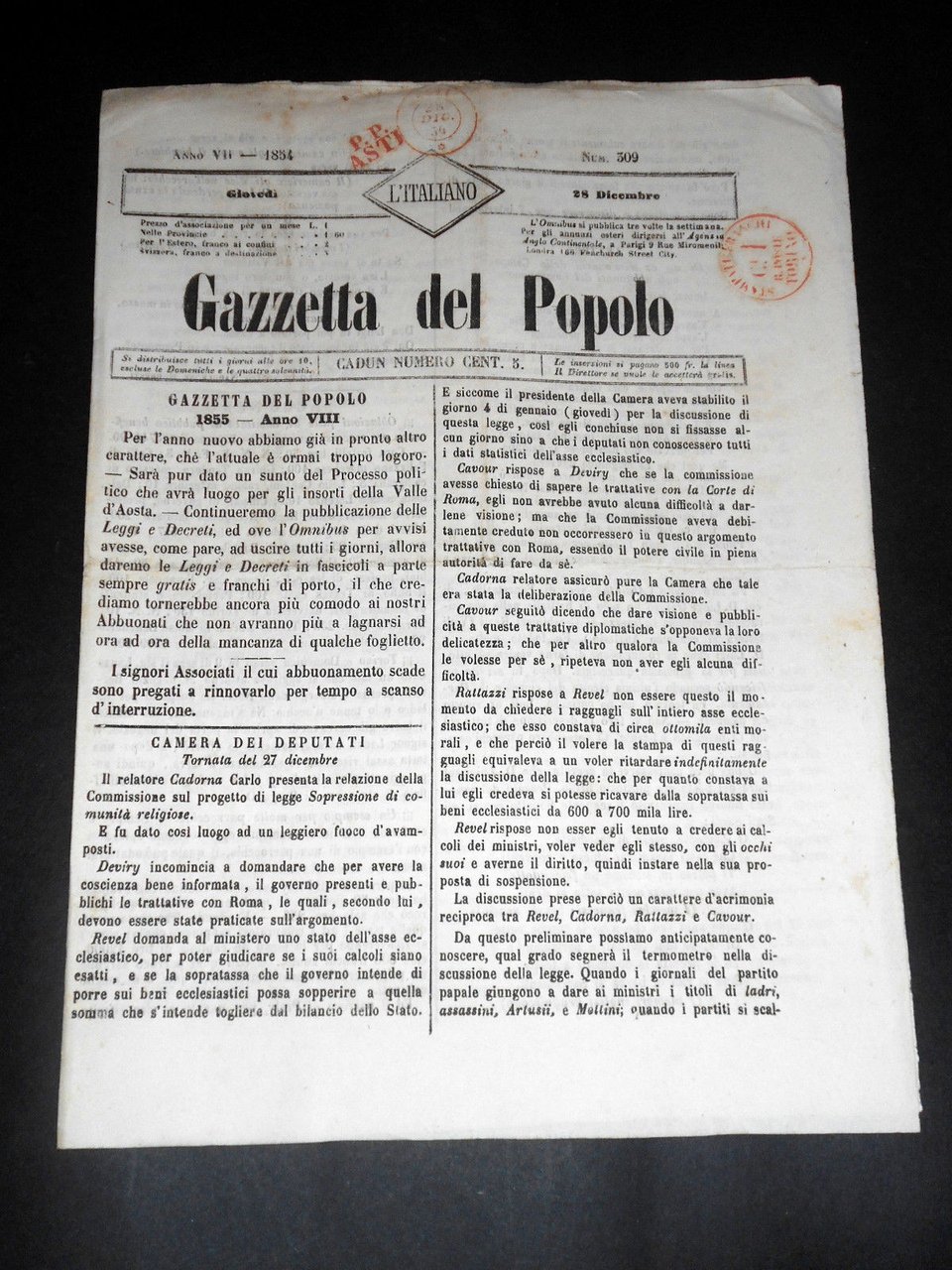 Risorgimento Cavour Torino - Giornale Gazzetta del Popolo n° 309 … | Immagine principale