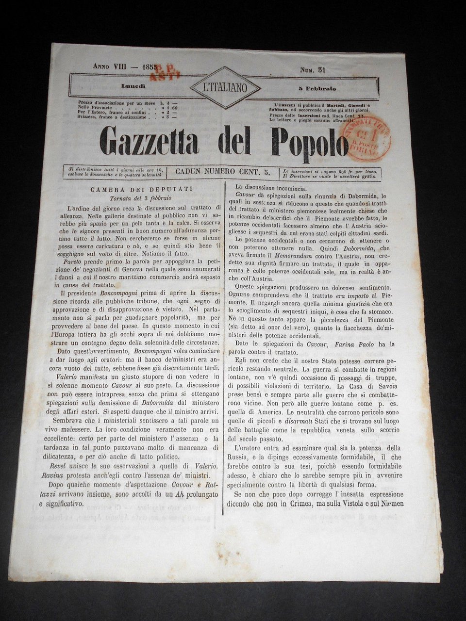 Risorgimento Cavour Torino - Giornale Gazzetta del Popolo n° 31 … | Immagine principale
