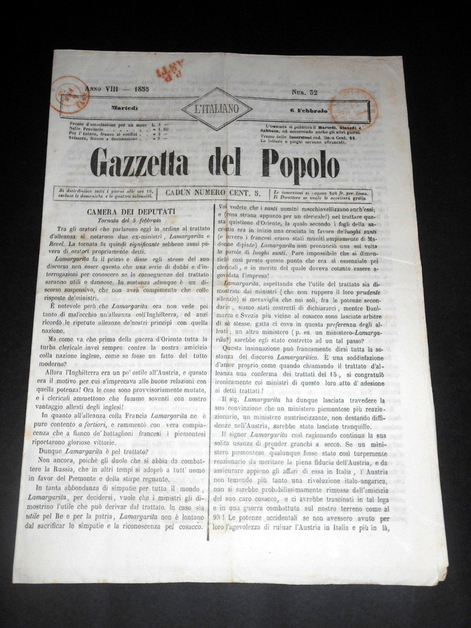 Risorgimento Cavour Torino - Giornale Gazzetta del Popolo n° 32 … | Immagine principale
