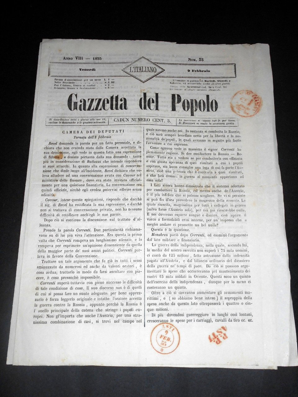 Risorgimento Cavour Torino - Giornale Gazzetta del Popolo n° 35 … | Immagine principale