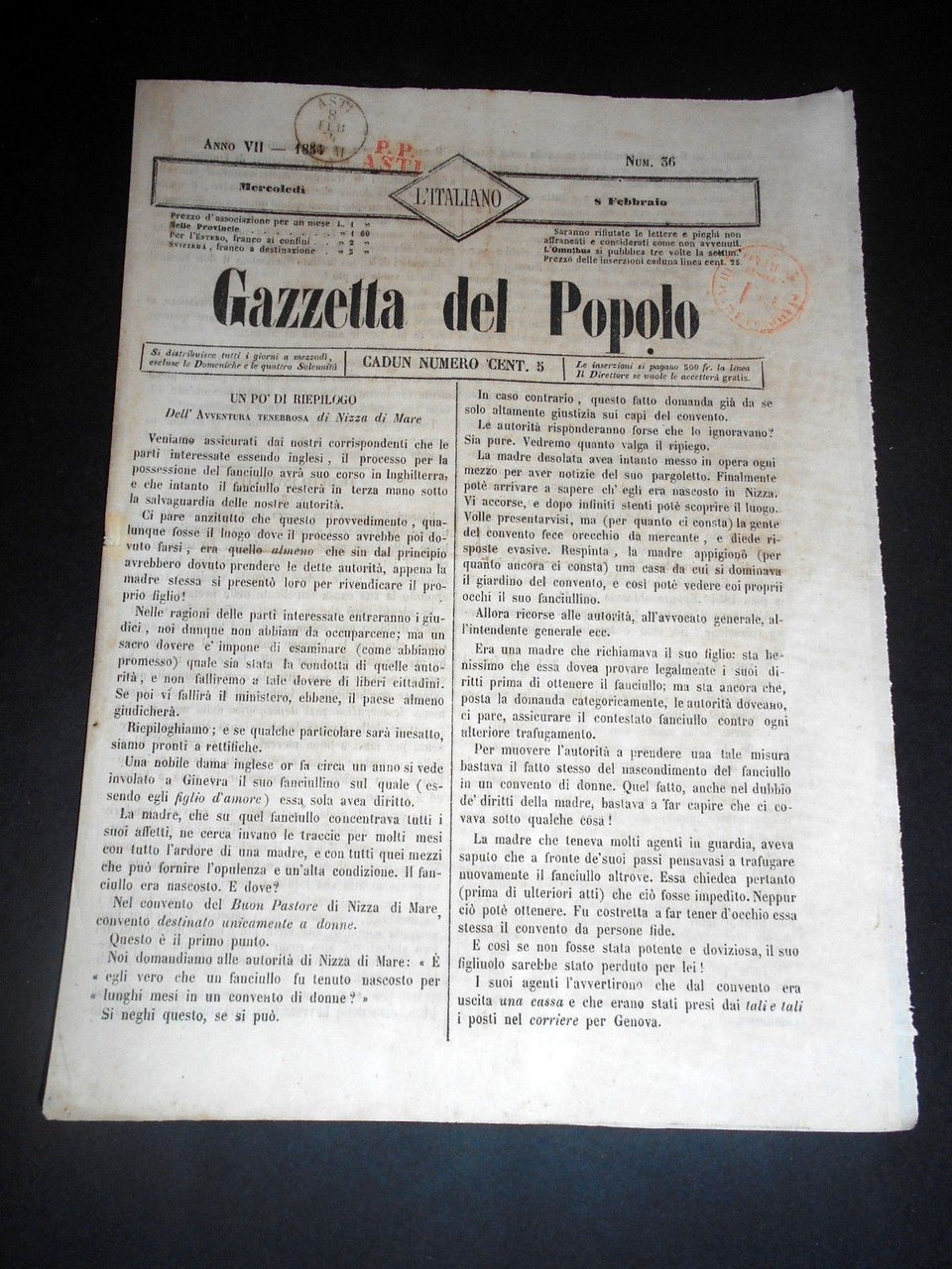 Risorgimento Cavour Torino - Giornale Gazzetta del Popolo n° 36 … | Immagine principale