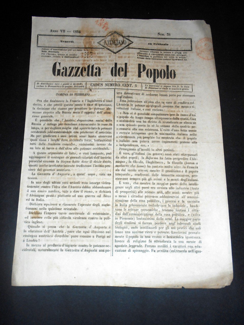 Risorgimento Cavour Torino - Giornale Gazzetta del Popolo n° 38 … | Immagine principale