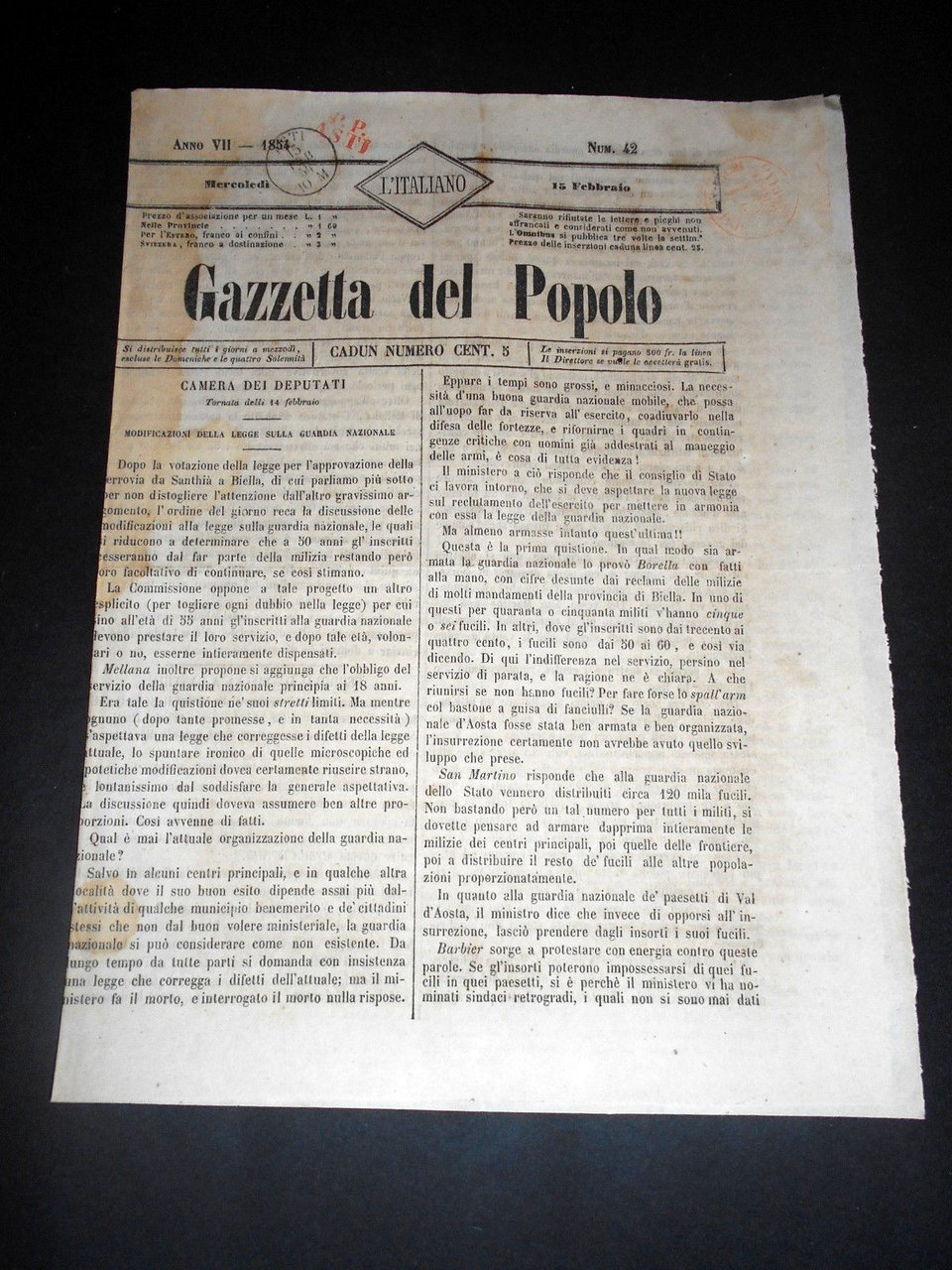 Risorgimento Cavour Torino - Giornale Gazzetta del Popolo n° 42 … | Immagine principale