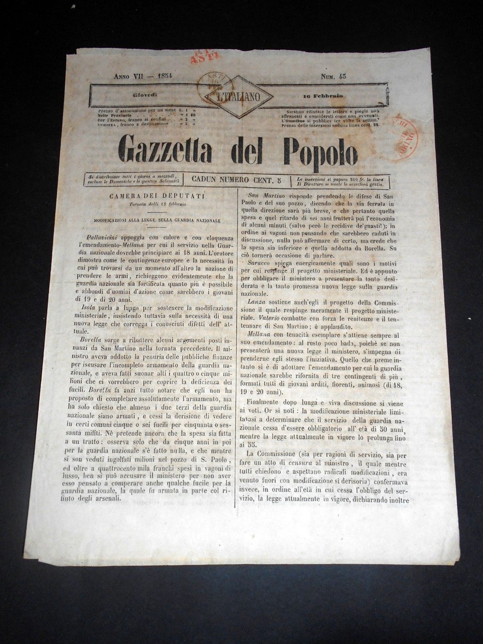 Risorgimento Cavour Torino - Giornale Gazzetta del Popolo n° 43 … | Immagine principale