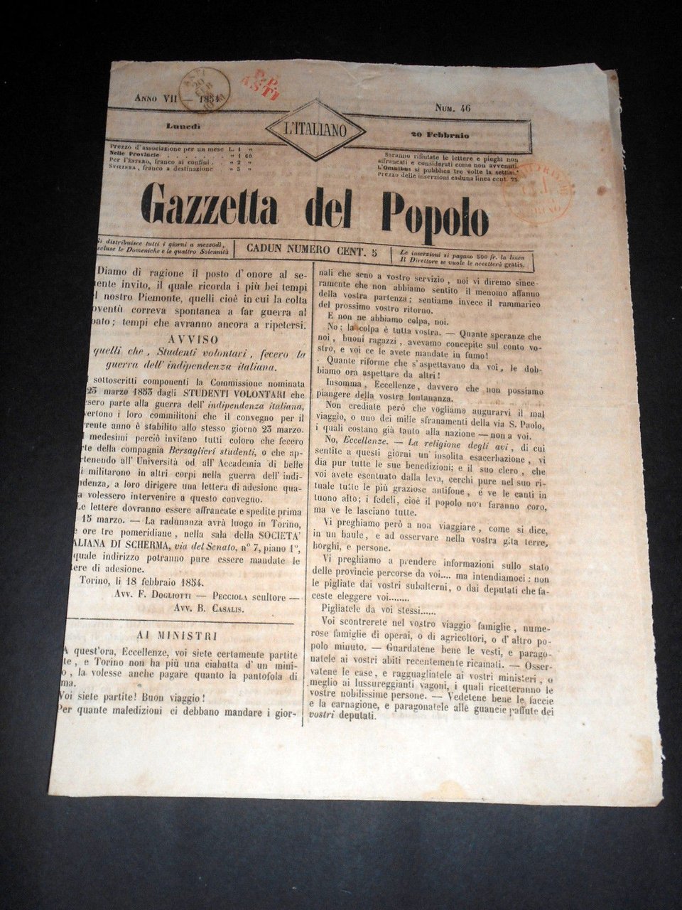 Risorgimento Cavour Torino - Giornale Gazzetta del Popolo n° 46 … | Immagine principale
