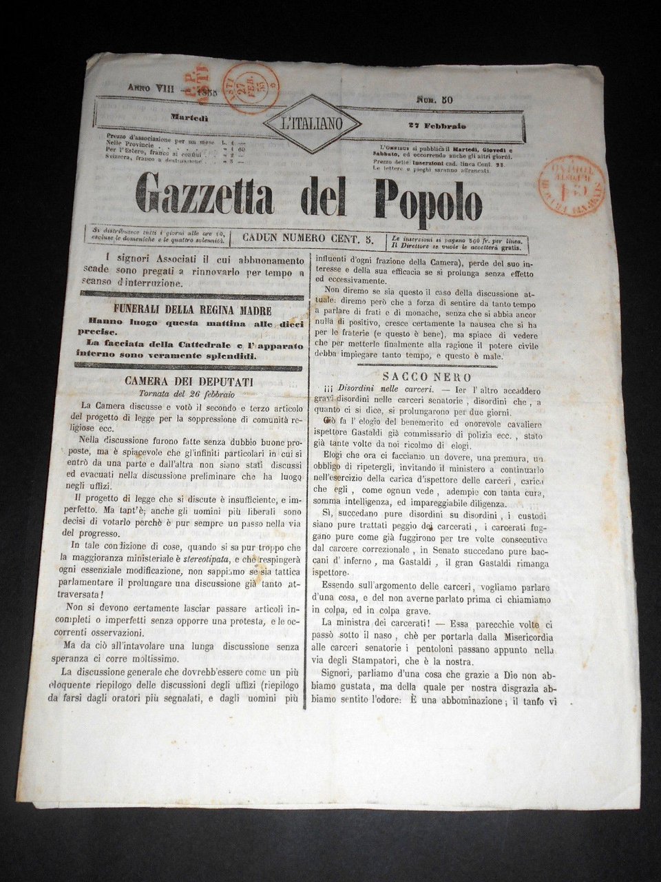 Risorgimento Cavour Torino - Giornale Gazzetta del Popolo n° 50 … | Immagine principale