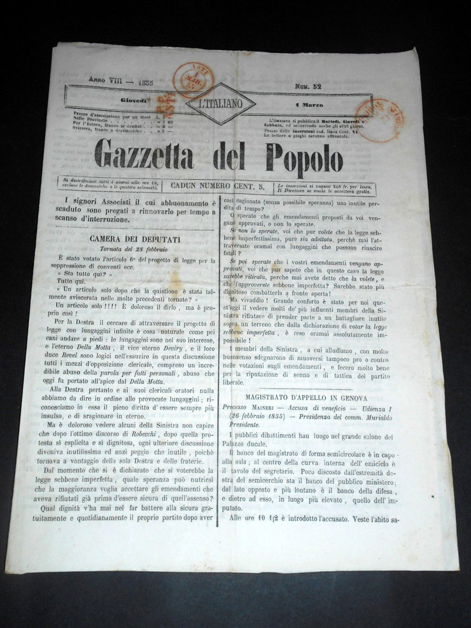 Risorgimento Cavour Torino - Giornale Gazzetta del Popolo n° 52 … | Immagine principale