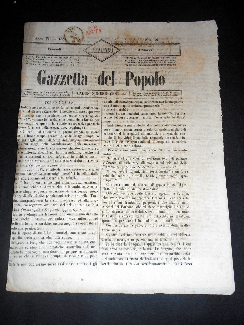 Risorgimento Cavour Torino - Giornale Gazzetta del Popolo n° 56 … | Immagine principale