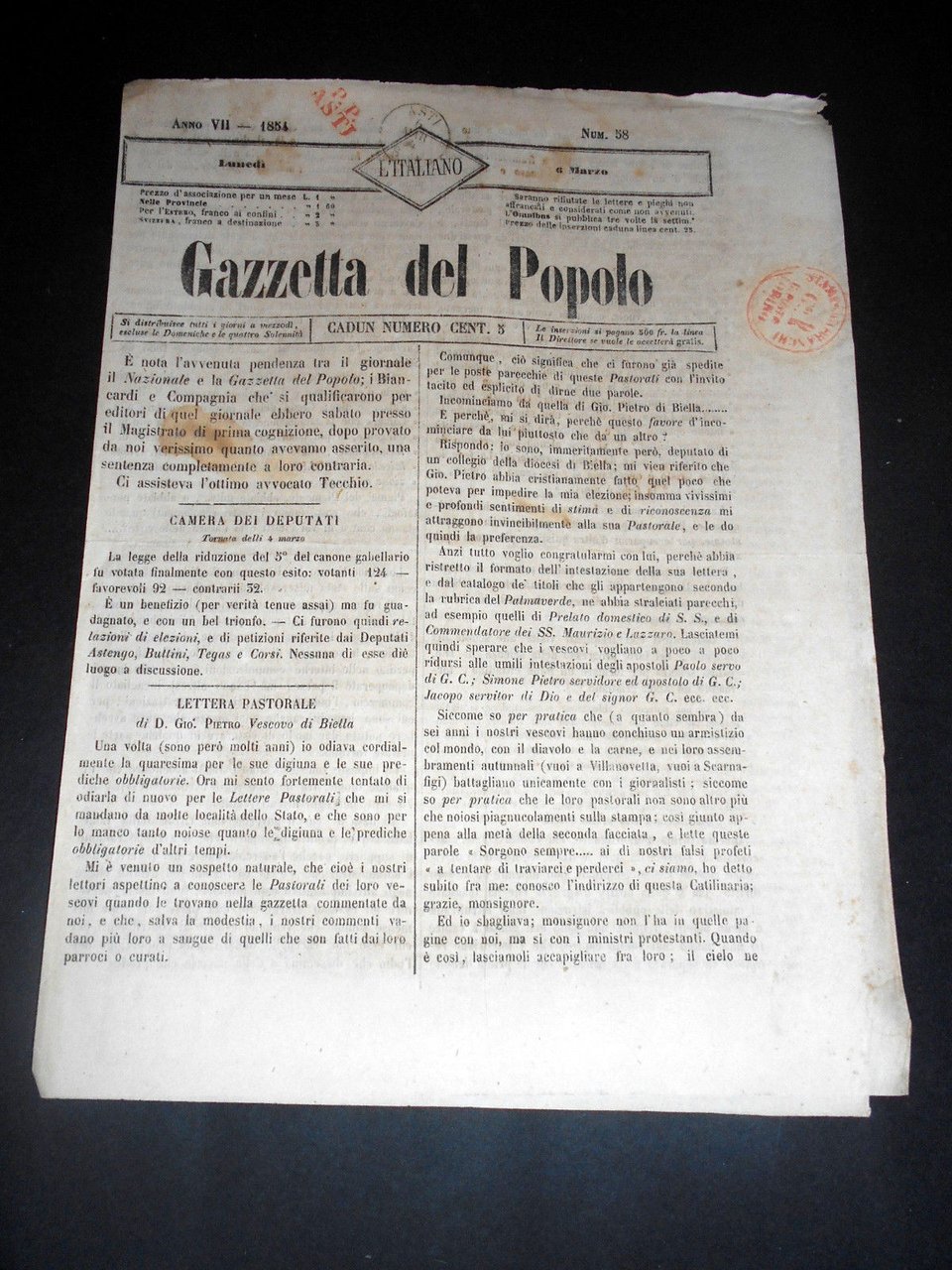 Risorgimento Cavour Torino - Giornale Gazzetta del Popolo n° 58 … | Immagine principale