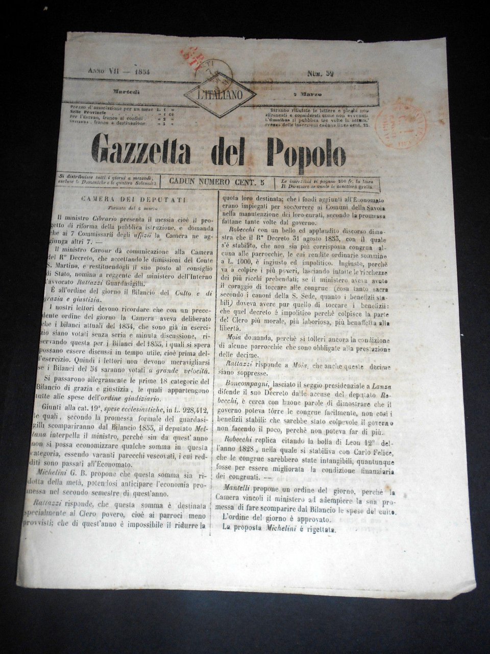 Risorgimento Cavour Torino - Giornale Gazzetta del Popolo n° 59 … | Immagine principale
