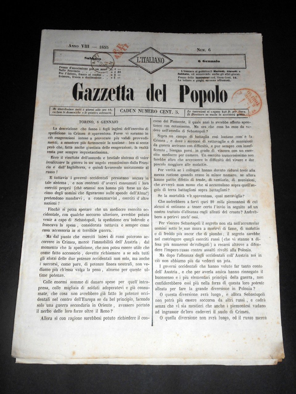 Risorgimento Cavour Torino - Giornale Gazzetta del Popolo n° 6 … | Immagine principale