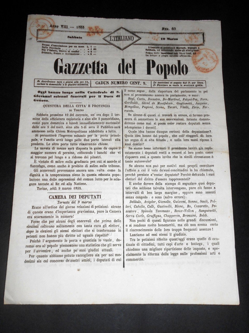 Risorgimento Cavour Torino - Giornale Gazzetta del Popolo n° 60 … | Immagine principale