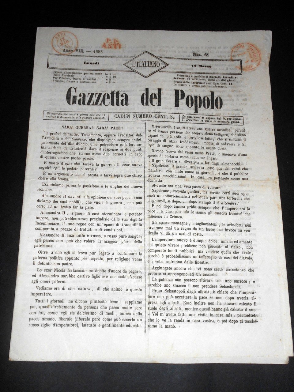 Risorgimento Cavour Torino - Giornale Gazzetta del Popolo n° 61 … | Immagine principale