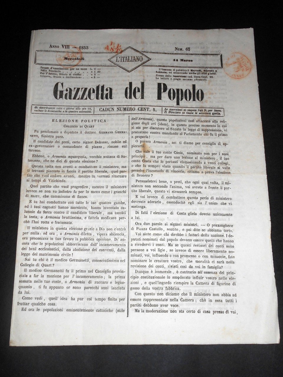 Risorgimento Cavour Torino - Giornale Gazzetta del Popolo n° 63 … | Immagine principale