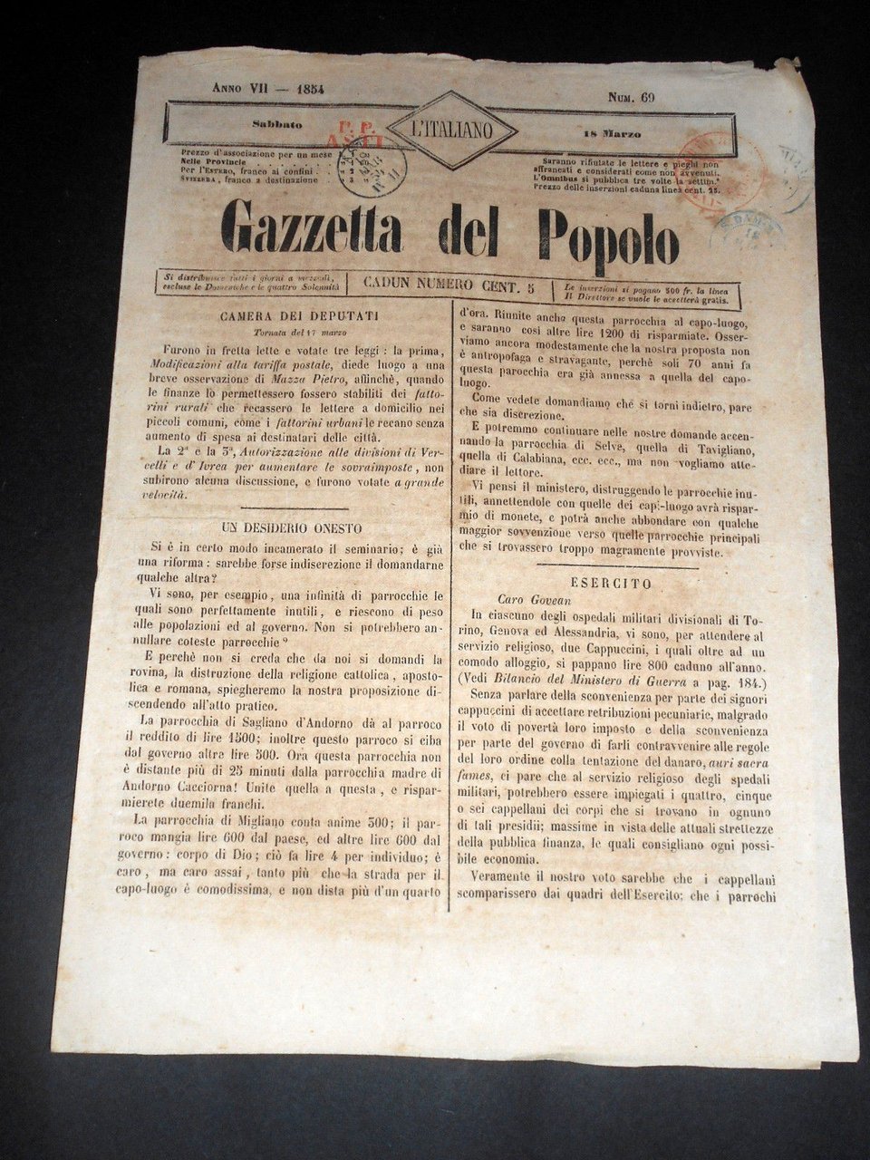 Risorgimento Cavour Torino - Giornale Gazzetta del Popolo n° 69 … | Immagine principale