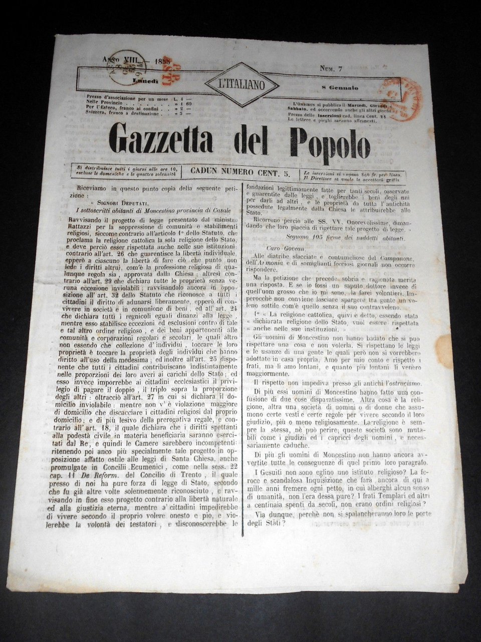 Risorgimento Cavour Torino - Giornale Gazzetta del Popolo n° 7 … | Immagine principale