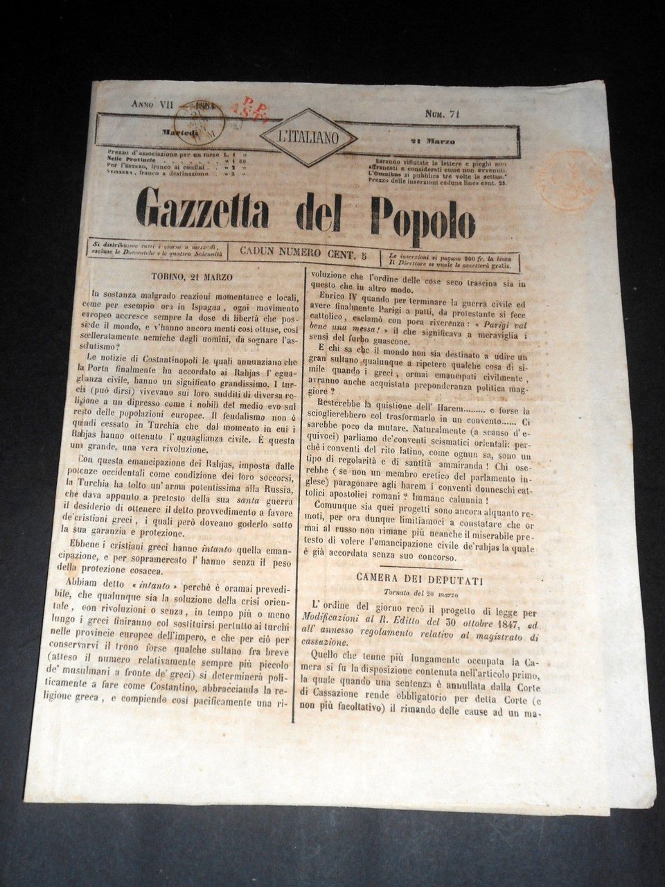Risorgimento Cavour Torino - Giornale Gazzetta del Popolo n° 71 … | Immagine principale