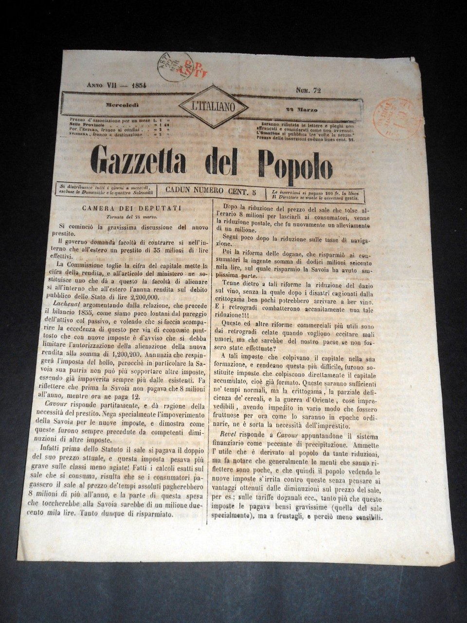Risorgimento Cavour Torino - Giornale Gazzetta del Popolo n° 72 … | Immagine principale
