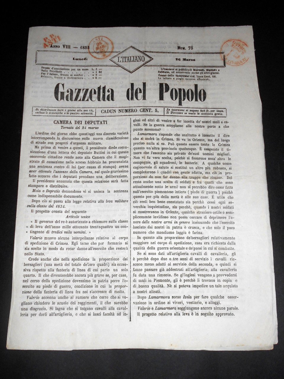Risorgimento Cavour Torino - Giornale Gazzetta del Popolo n° 73 … | Immagine principale