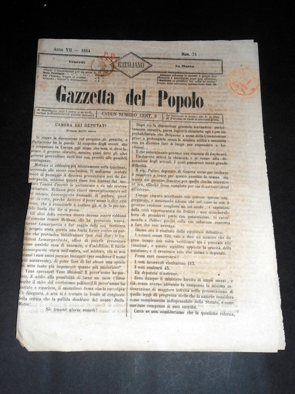 Risorgimento Cavour Torino - Giornale Gazzetta del Popolo n° 74 … | Immagine principale