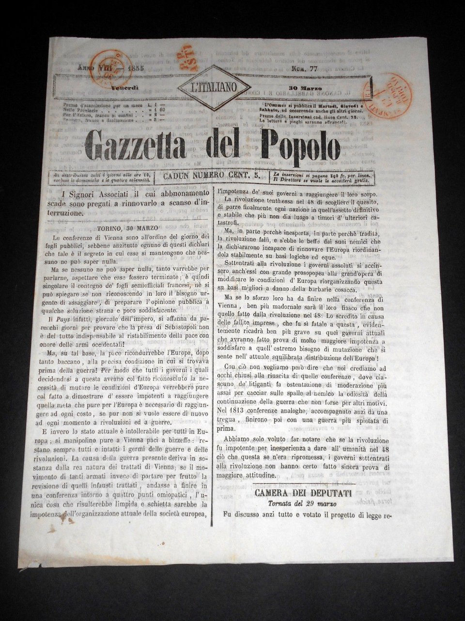 Risorgimento Cavour Torino - Giornale Gazzetta del Popolo n° 77 … | Immagine principale