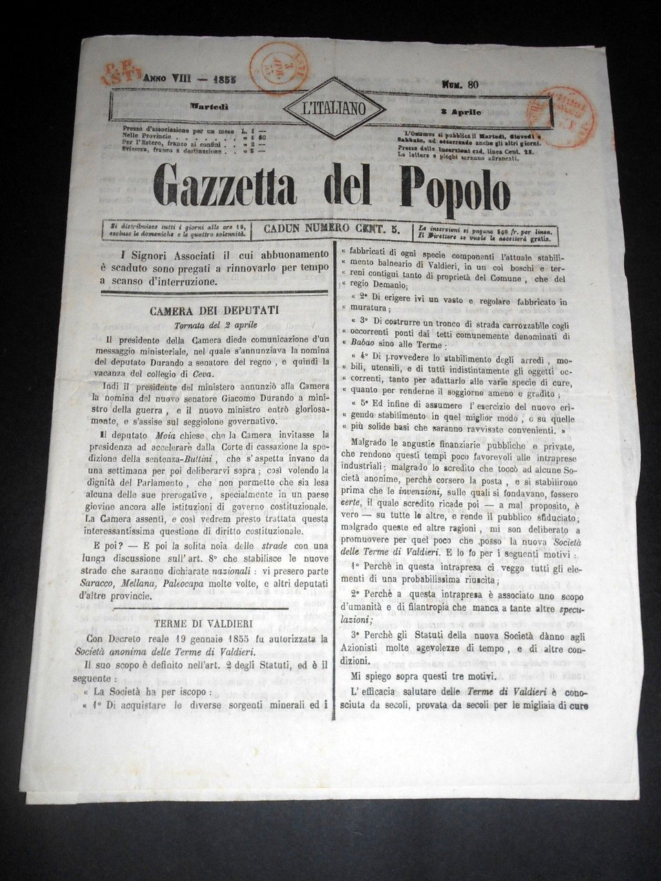 Risorgimento Cavour Torino - Giornale Gazzetta del Popolo n° 80 … | Immagine principale