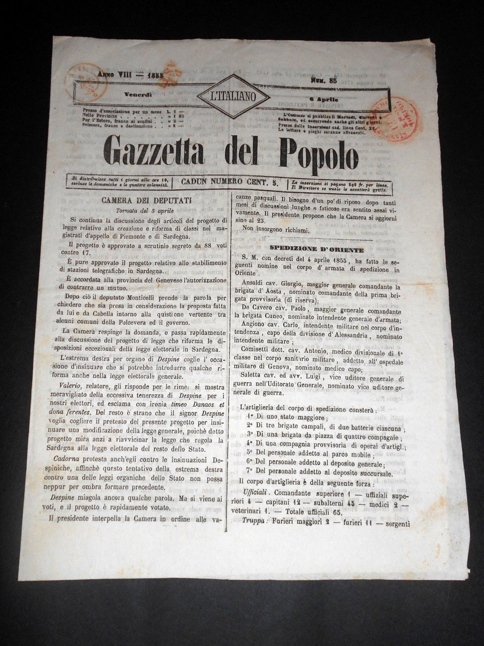 Risorgimento Cavour Torino - Giornale Gazzetta del Popolo n° 83 … | Immagine principale