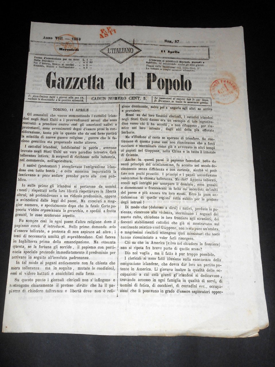 Risorgimento Cavour Torino - Giornale Gazzetta del Popolo n° 87 … | Immagine principale