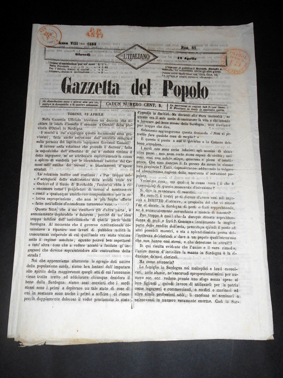 Risorgimento Cavour Torino - Giornale Gazzetta del Popolo n° 88 … | Immagine principale