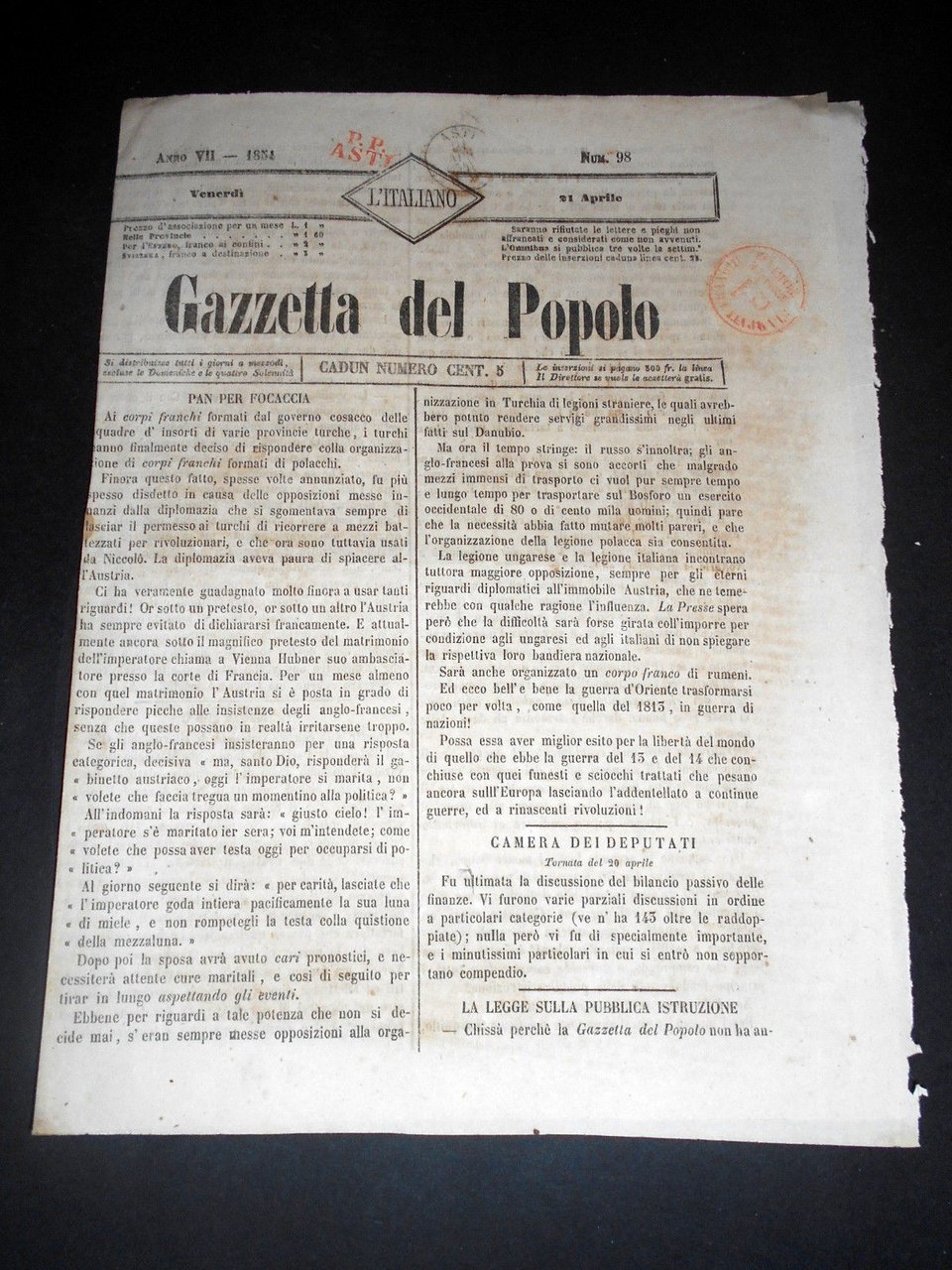 Risorgimento Cavour Torino - Giornale Gazzetta del Popolo n° 98 … | Immagine principale