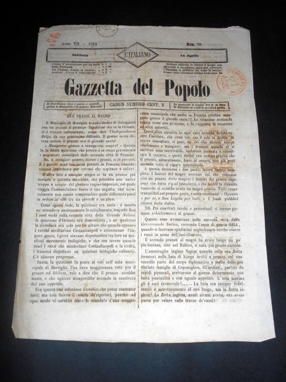 Risorgimento Cavour Torino - Giornale Gazzetta del Popolo n° 99 … | Immagine principale