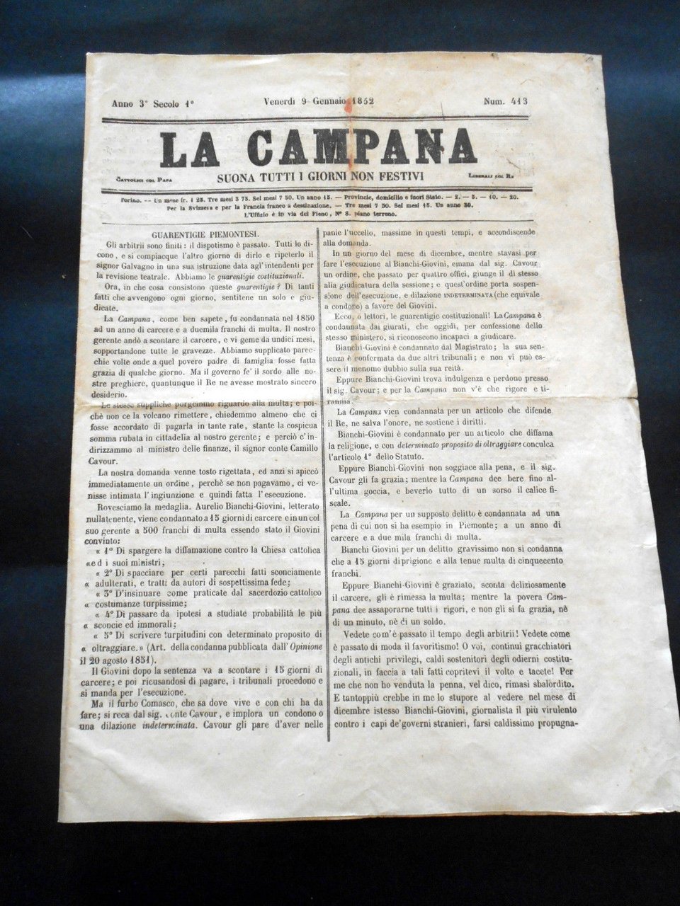 Risorgimento Storia locale Torino - Giornale La Campana - n. …